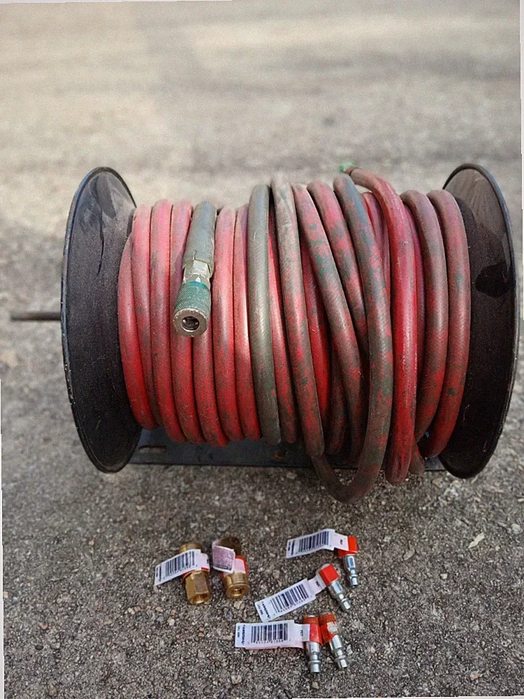 Air Hose Reel with Red Hose, Connectors, Metal Rubber, For Air Compressor