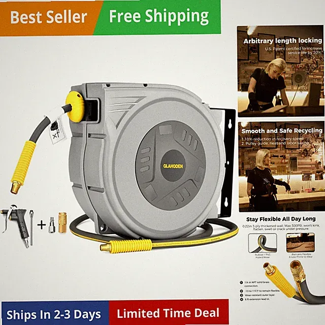 Enclosed Retractable Air Hose Reel, 3/8 in x 65 Ft Hybrid Hose Air Compressor...