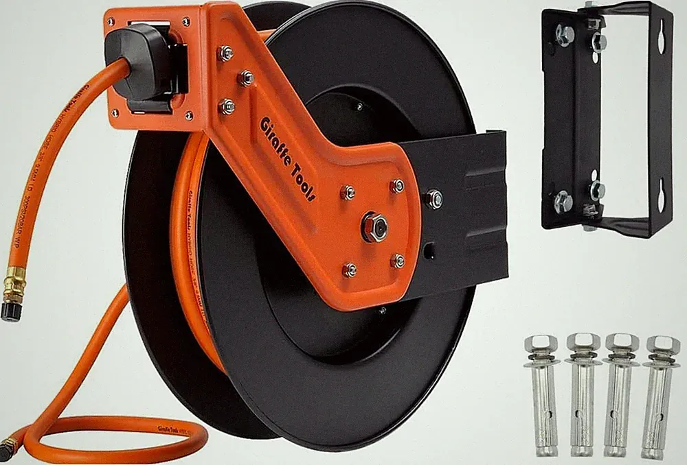 Heavy Duty 25ft Air Hose Reel with 300 PSI Hybrid Hose - Wall Mounted