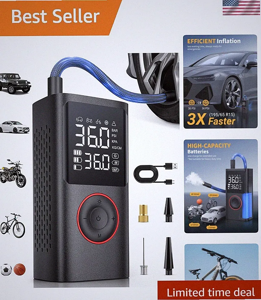Portable Cordless Air Compressor - LED Light and Digital Pressure Gauge Included