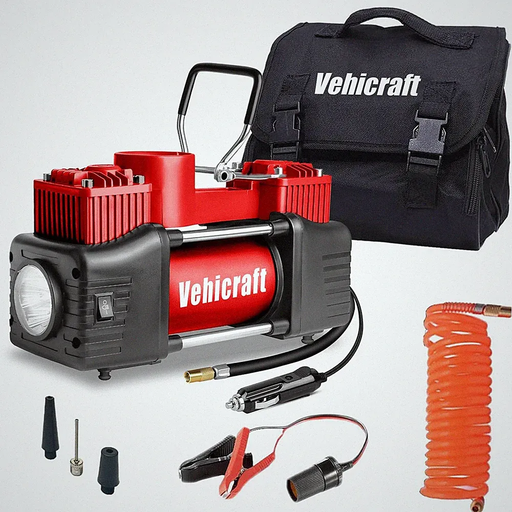Red Tire Inflator Portable Air Compressor, Heavy Duty Double Cylinders Auto P...