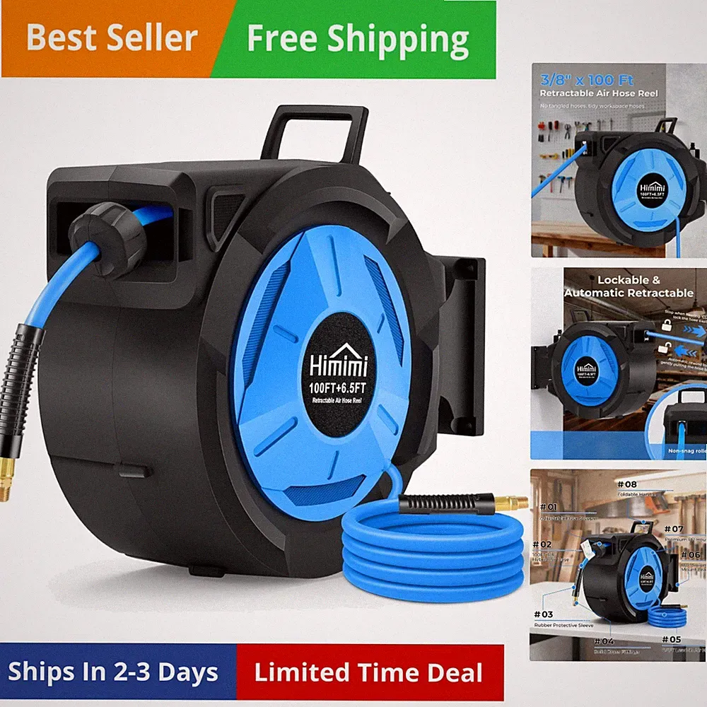 Retractable Air Hose Reel, 3/8" x 100 Ft Hybrid Hose Air Compressor Hose Reel...